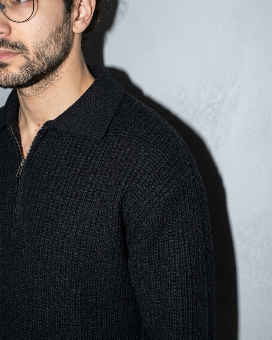 Men's Light Business Lapel Knit Sweater, macro, shoulder, worn by model