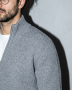 Men's Retro Zip-Front Knit Cardigan, macro, shoulder, worn by model