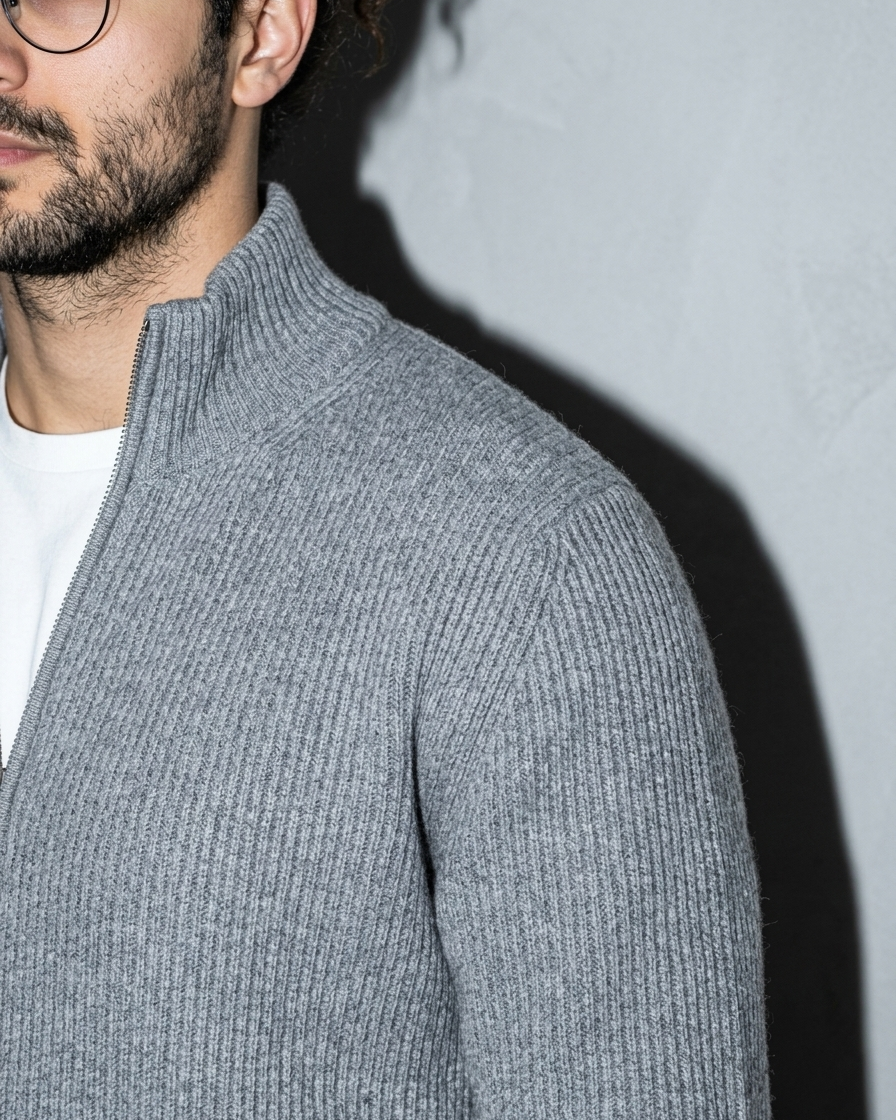 Men's Retro Zip-Front Knit Cardigan, macro, shoulder, worn by model