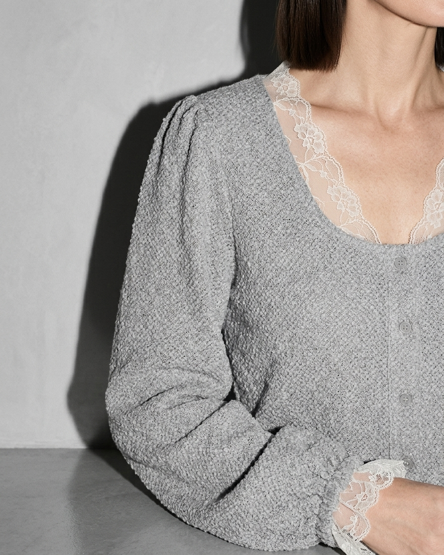 V-Neck Lace Crochet Button-Front Cardigan, macro, shoulder, worn by model