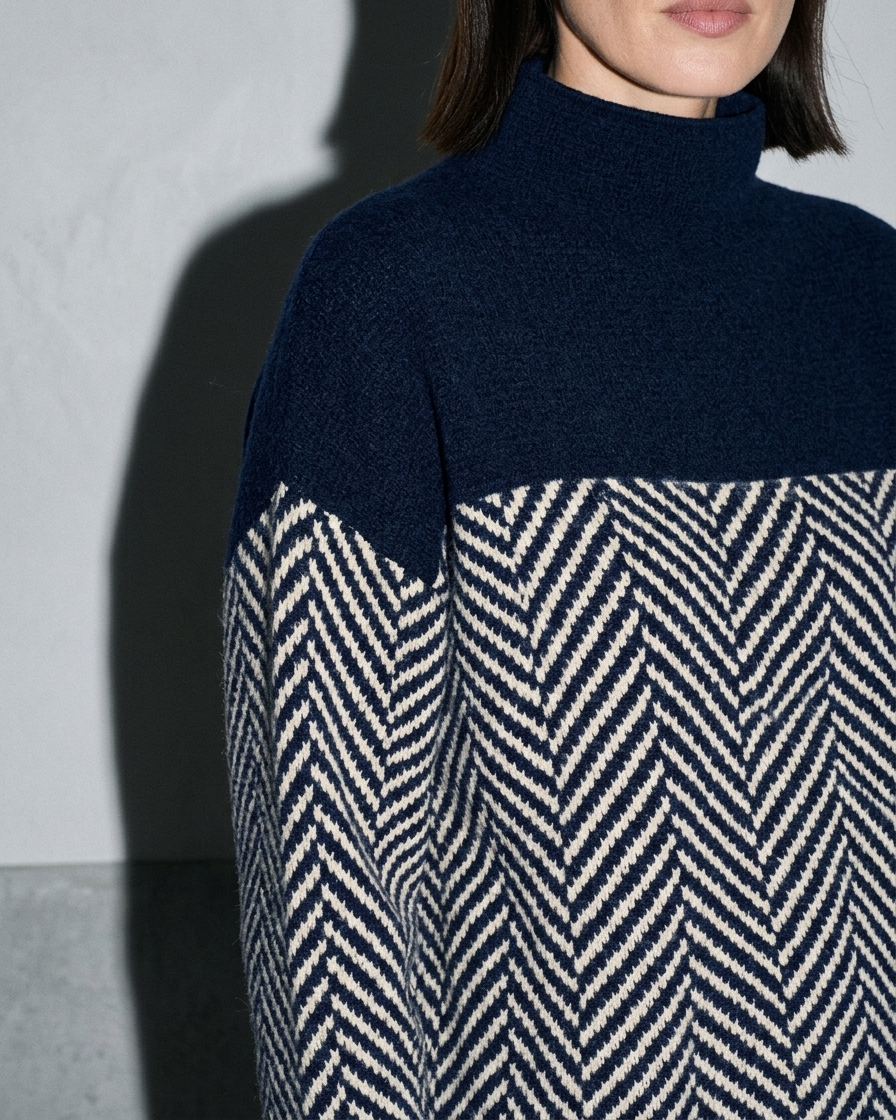 Women's Ribbed Turtleneck Knit Sweater, macro, shoulder, worn by model