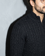 Men's Stand-Collar Cable-Knit Zip Sweater, macro, shoulder, worn by model