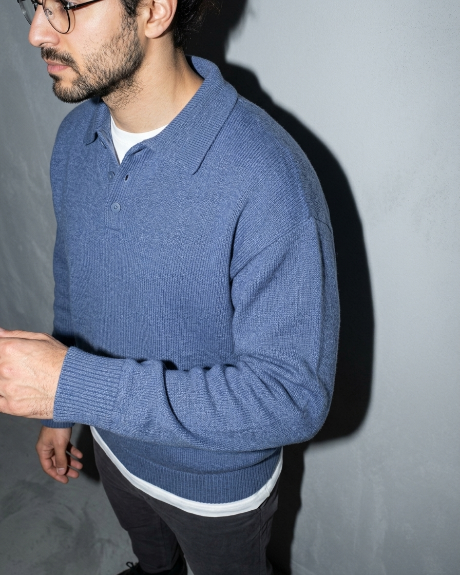 Men's Ribbed-Hem Lapel Knit Sweater, macro, shoulder, worn by model