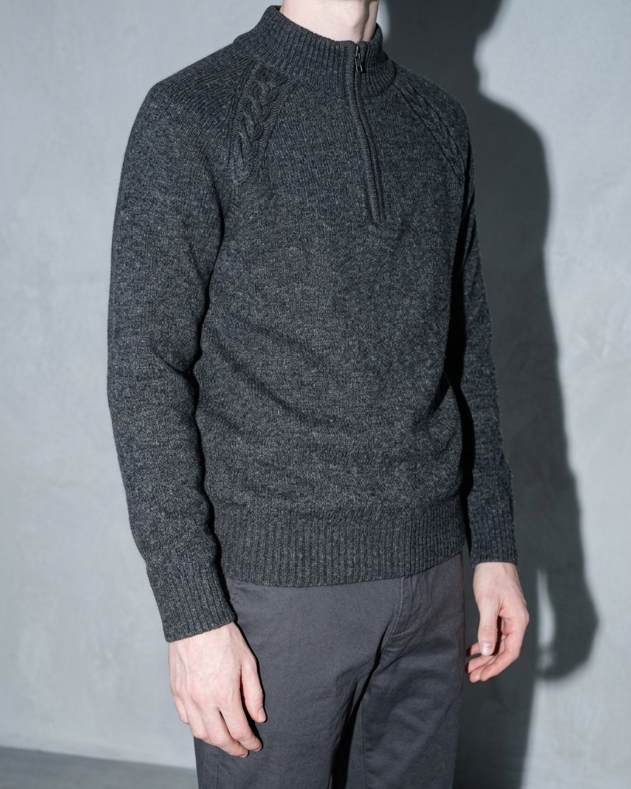 Zipper High Neck Thickened Woolen Sweater, macro, hem, worn by model
