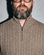 Men's Stand-Collar Cable-Knit Zip Sweater, macro, neckline, worn by model