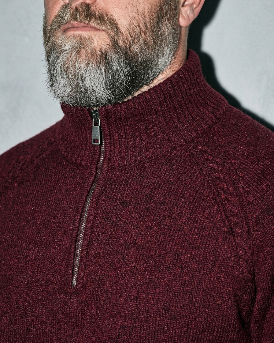 Zipper High Neck Thickened Woolen Sweater, macro, neckline, worn by model