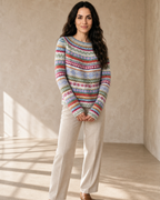 Women's Fashionable Pullover Sweater Top in Blue, hands clasped front, worn by model