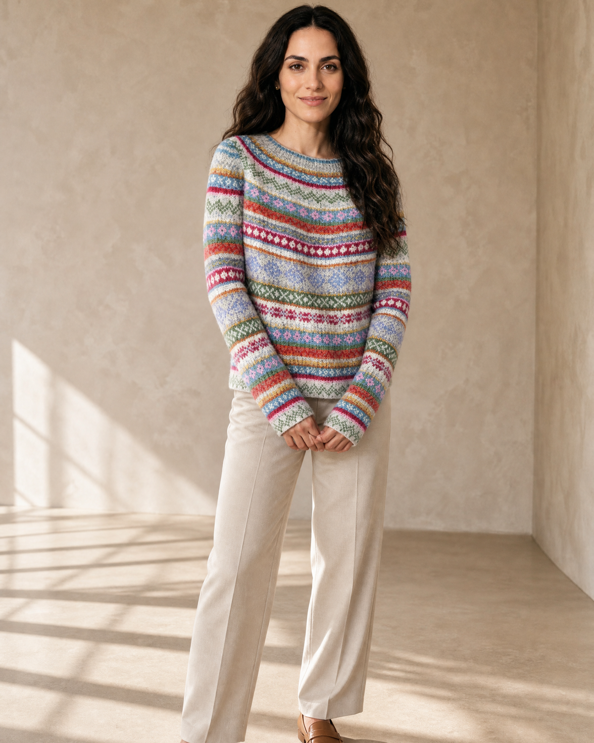 Women's Fashionable Pullover Sweater Top in Blue, hands clasped front, worn by model