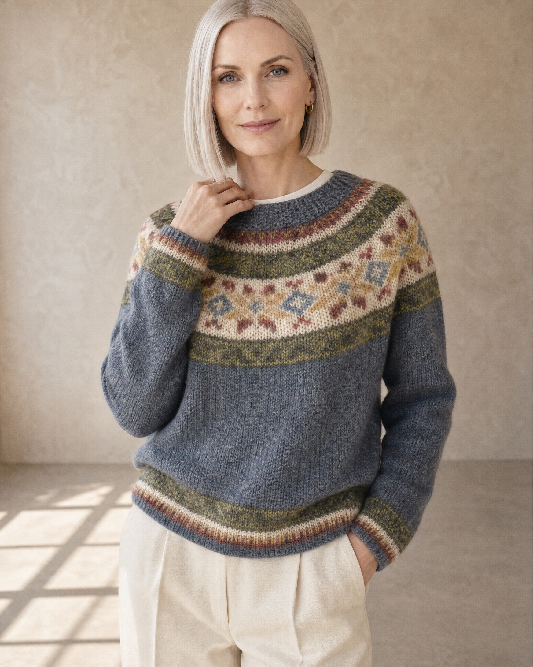 Women's Fashionable Pullover Sweater Top in Sea Blue, one hand at collar, worn by model