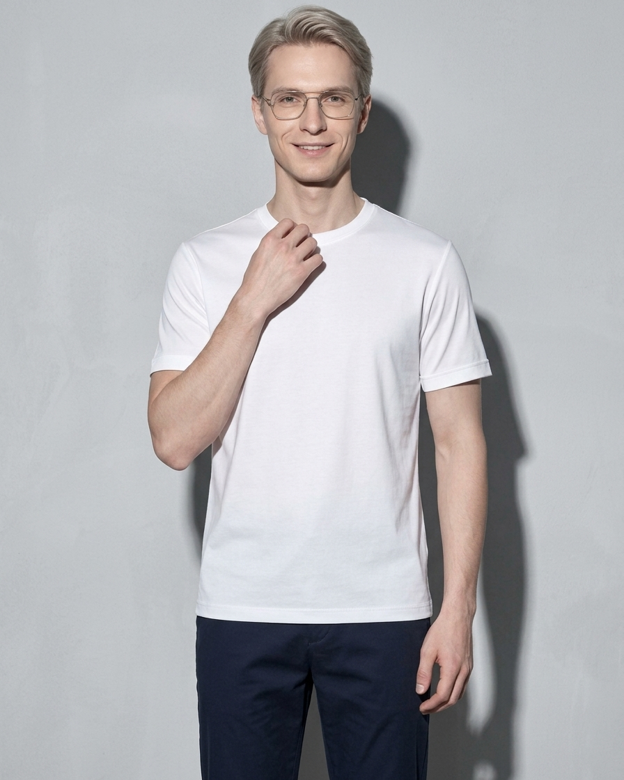 Men's Lightweight Solid Crewneck T-Shirt, one hand at collar, worn by model