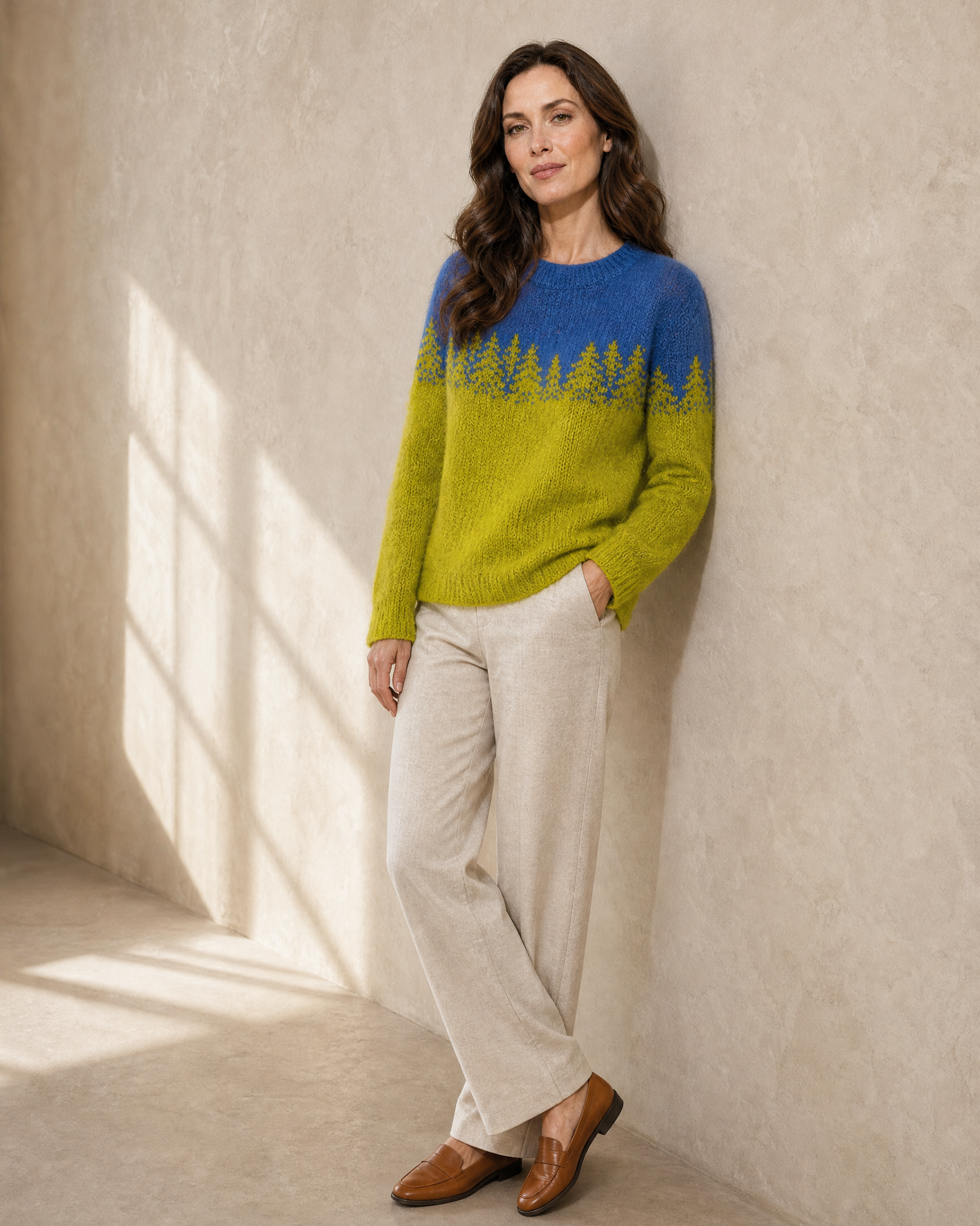Women's Fashionable Pullover Sweater Top in Chartreuse Forest, shoulder wall lean, worn by model