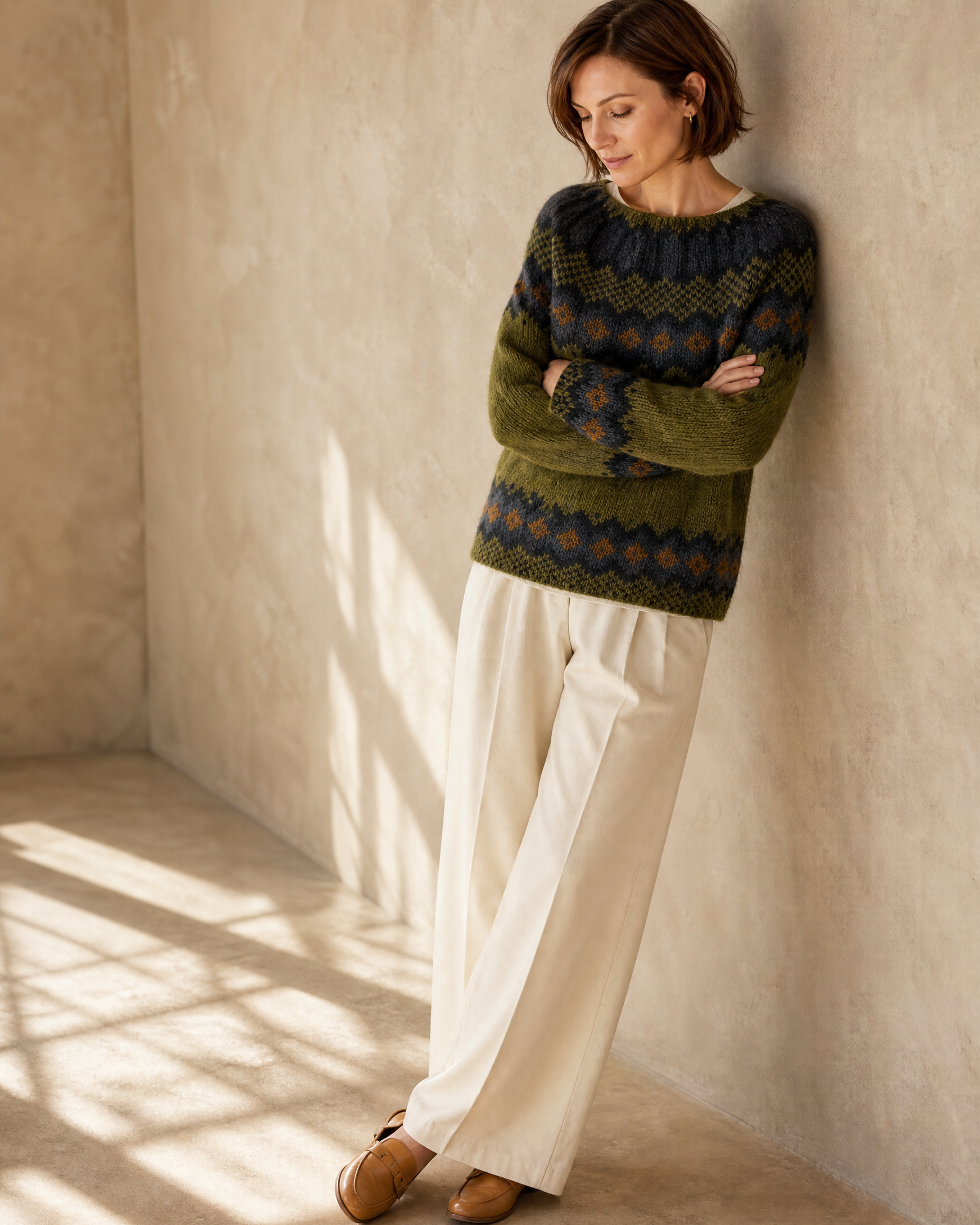 Women's Fashionable Pullover Sweater Top in Green, wall lean, looking down, worn by model