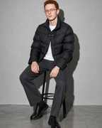 Coffee Color Cotton-padded Clothes Short Cotton Coat, stool, forearms on thighs, worn by model