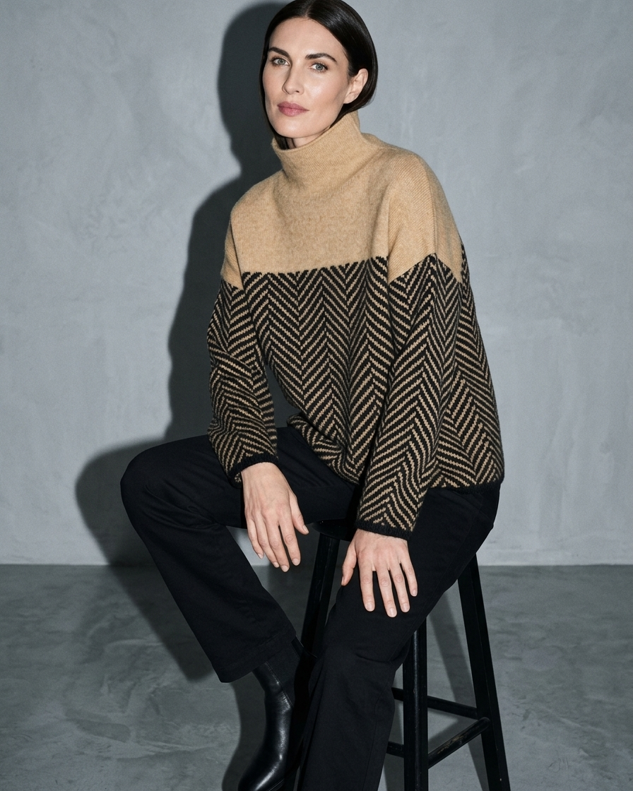 Women's Ribbed Turtleneck Knit Sweater, stool, forearms on thighs, worn by model