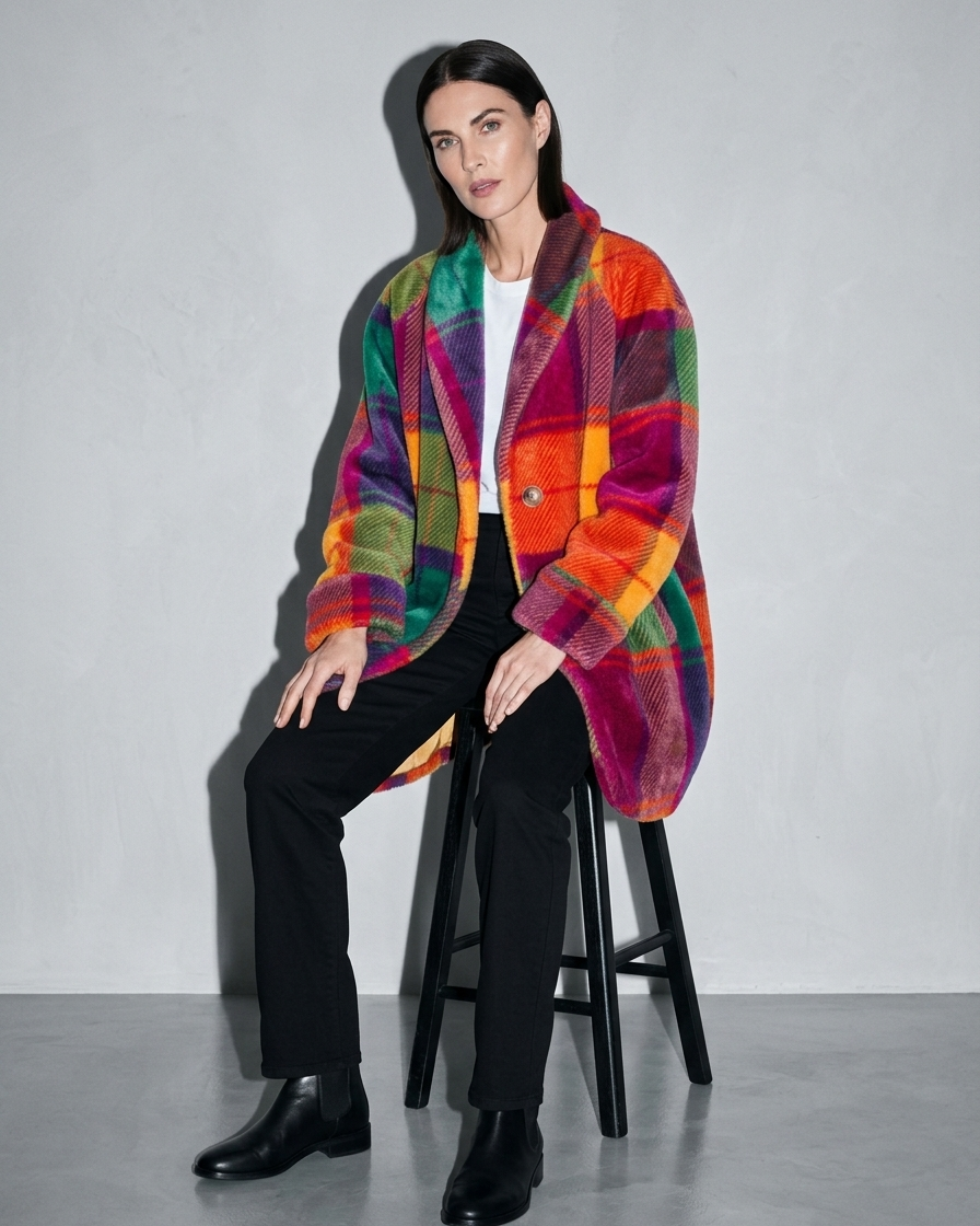 Women's Rainbow Plaid Button Coat with Pockets, stool, forearms on thighs, worn by model