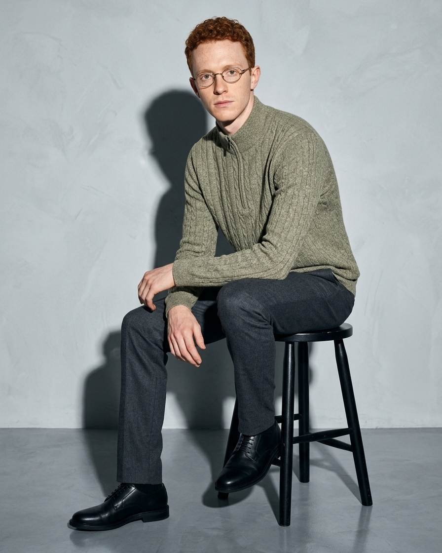 Men's Stand-Collar Cable-Knit Zip Sweater, stool, forearms on thighs, worn by model