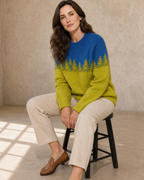 Women's Fashionable Pullover Sweater Top in Chartreuse Forest, stool, forearms on thighs, worn by model