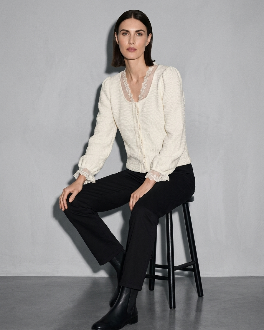 V-Neck Lace Crochet Button-Front Cardigan, stool, forearms on thighs, worn by model