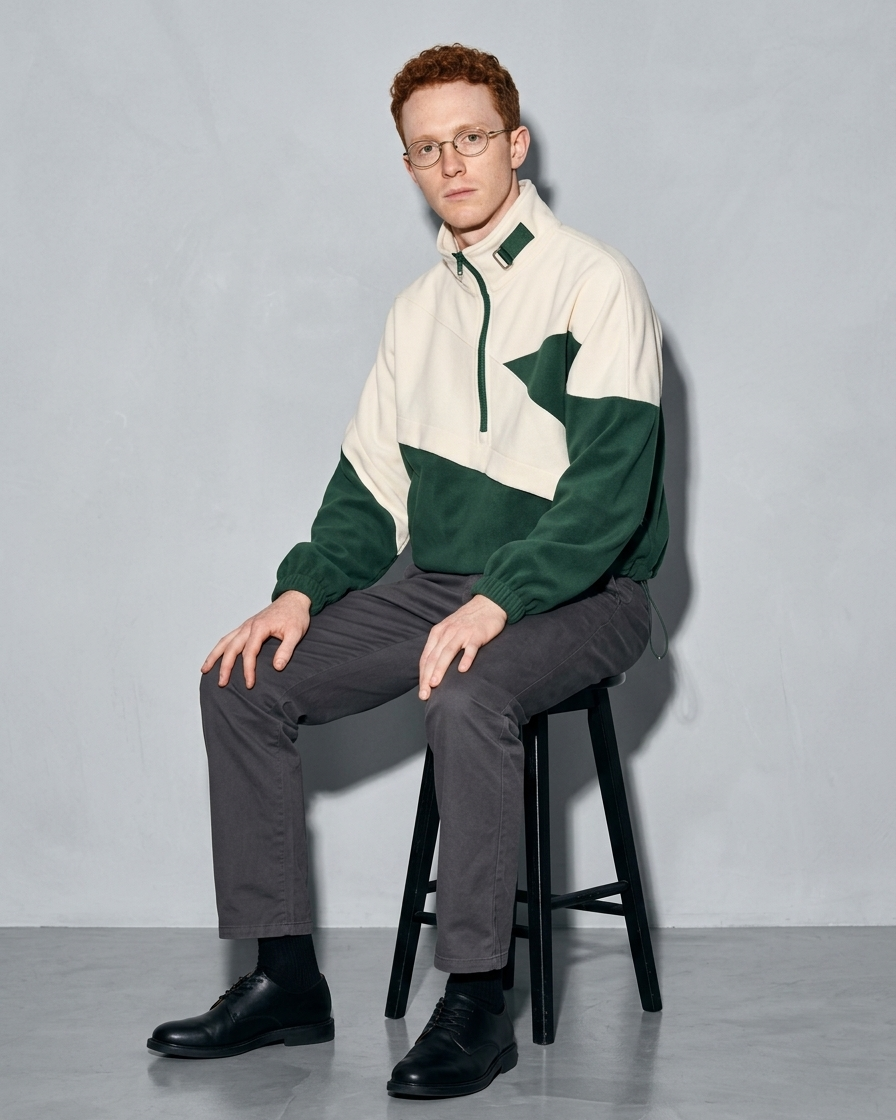 Men's Cropped Stand-Collar Zip Sweater, stool, forearms on thighs, worn by model