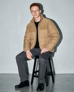 Duck Down Down Jacket Men's Winter American Outdoor, stool, forearms on thighs, worn by model
