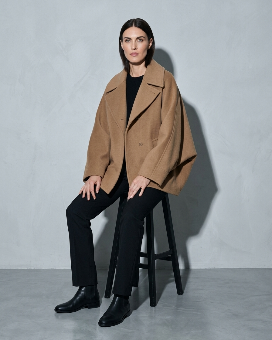 Women's Batwing-Sleeve Lapel Coat, stool, forearms on thighs, worn by model