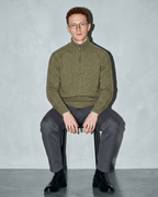 Zipper High Neck Thickened Woolen Sweater, stool, forearms on thighs, worn by model
