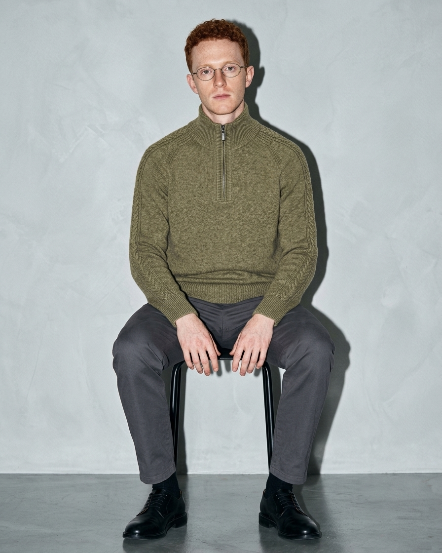 Zipper High Neck Thickened Woolen Sweater, stool, forearms on thighs, worn by model