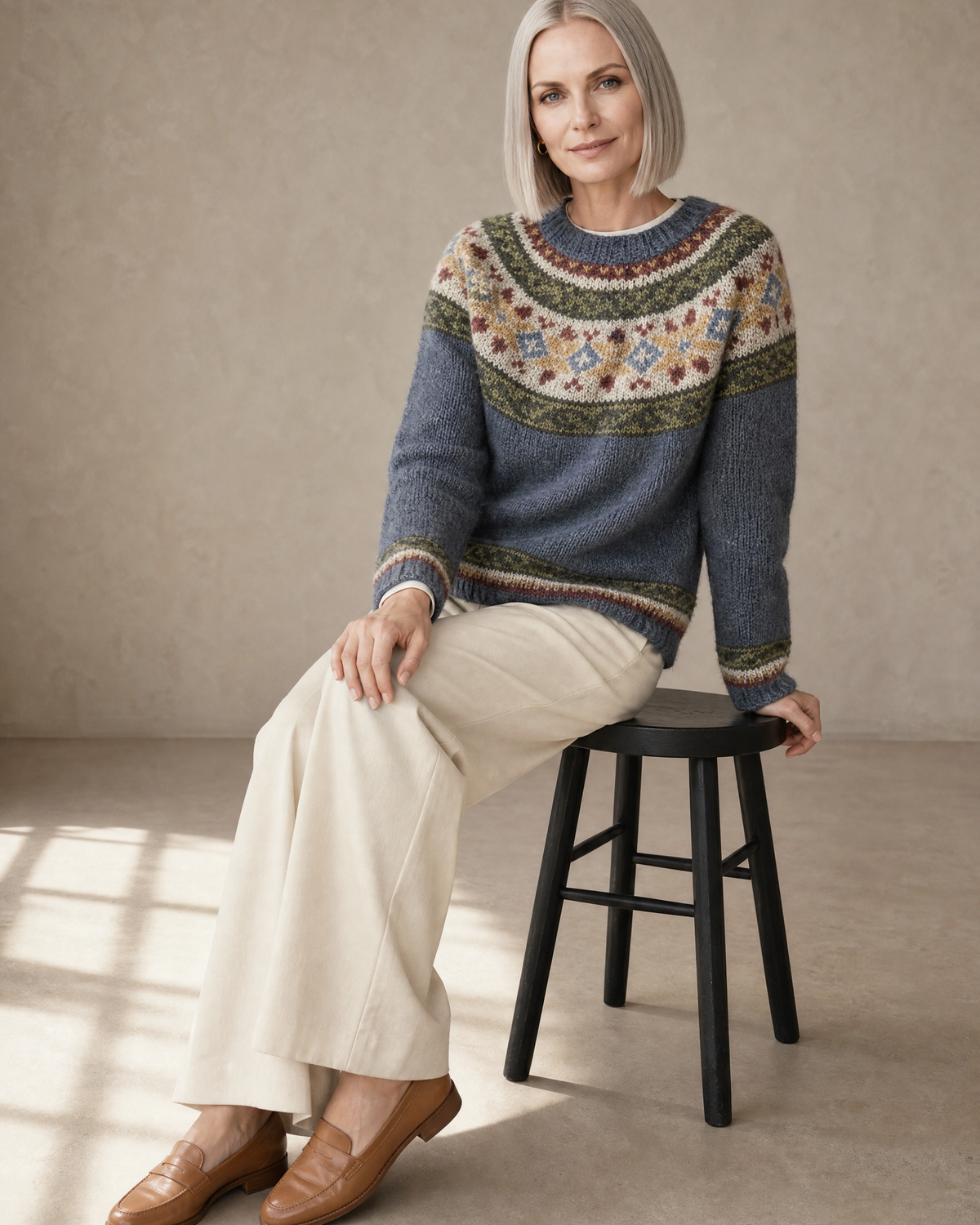 Women's Fashionable Pullover Sweater Top in Sea Blue, stool, side saddle profile, worn by model