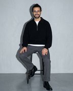 Men's Light Business Lapel Knit Sweater, stool, leaning back, worn by model