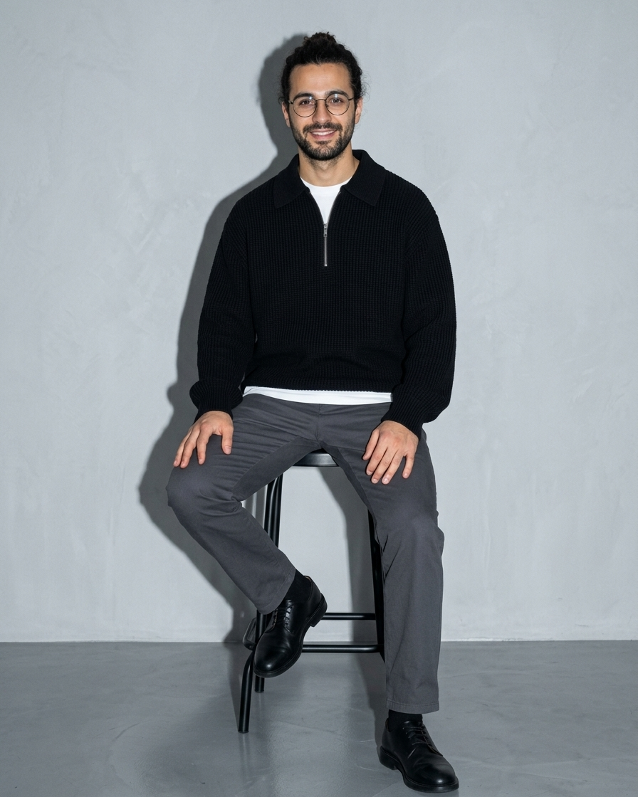 Men's Light Business Lapel Knit Sweater, stool, leaning back, worn by model