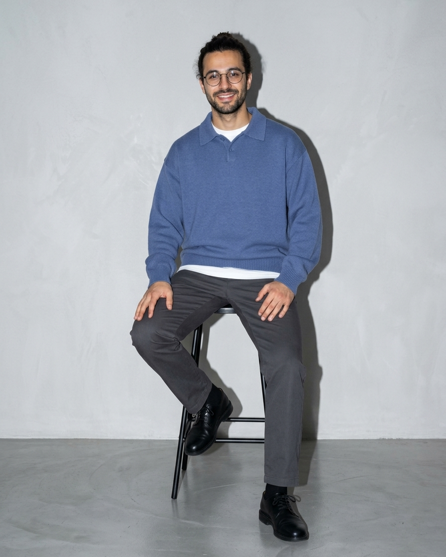 Men's Ribbed-Hem Lapel Knit Sweater, stool, leaning back, worn by model