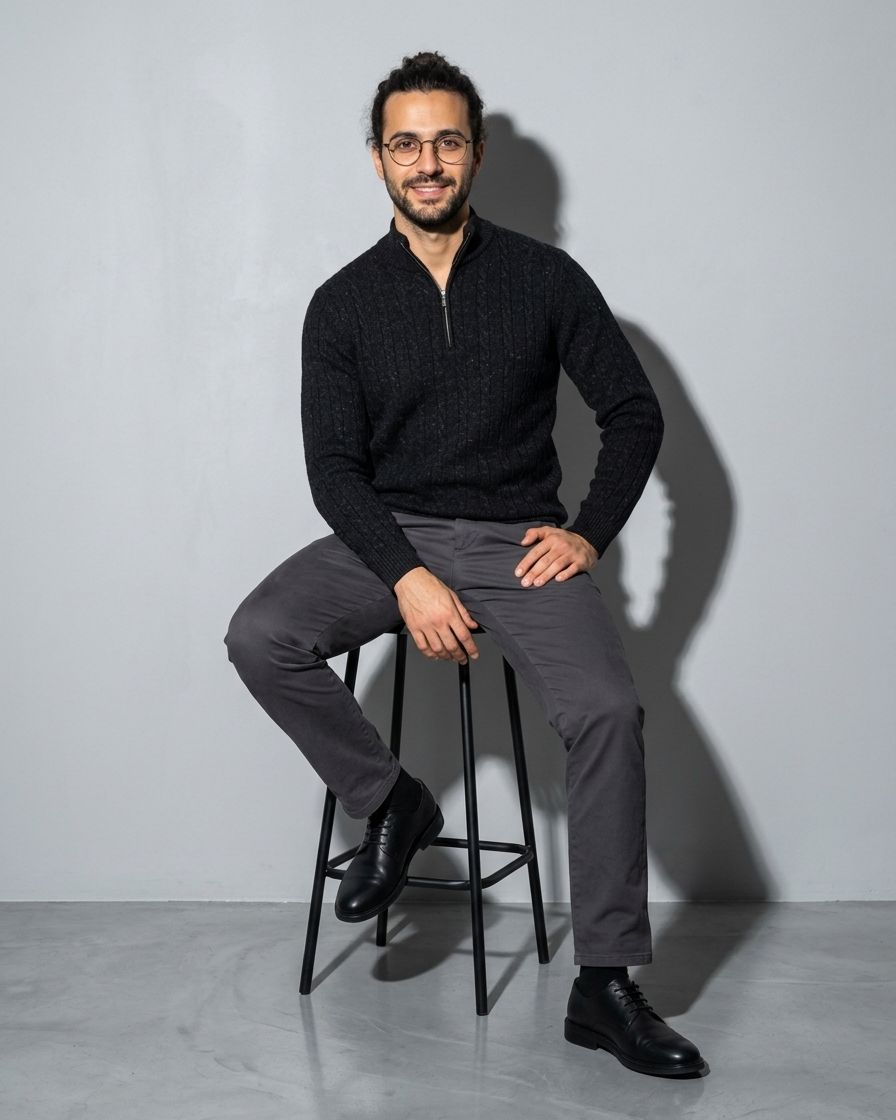 Men's Stand-Collar Cable-Knit Zip Sweater, stool, leaning back, worn by model