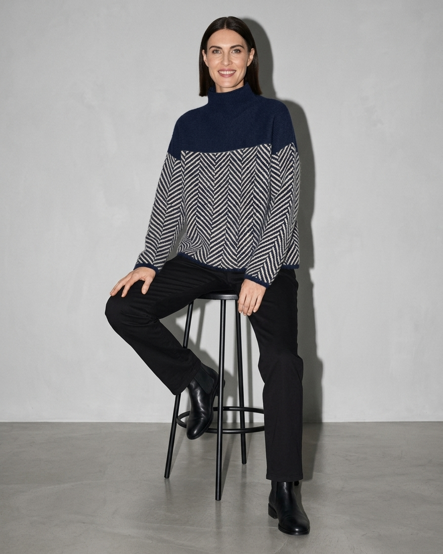 Women's Ribbed Turtleneck Knit Sweater, stool, leaning back, worn by model