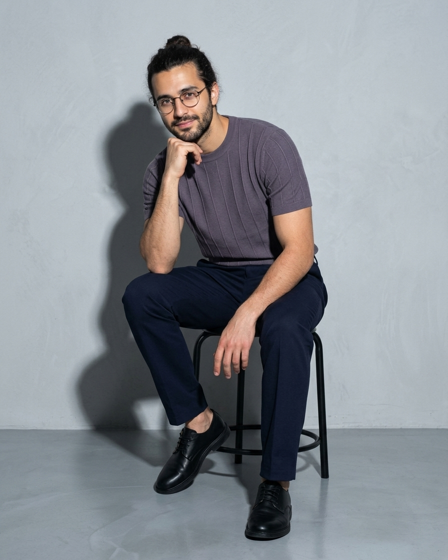 Men's Lightweight Solid Crewneck T-Shirt, stool, elbow on knee, worn by model