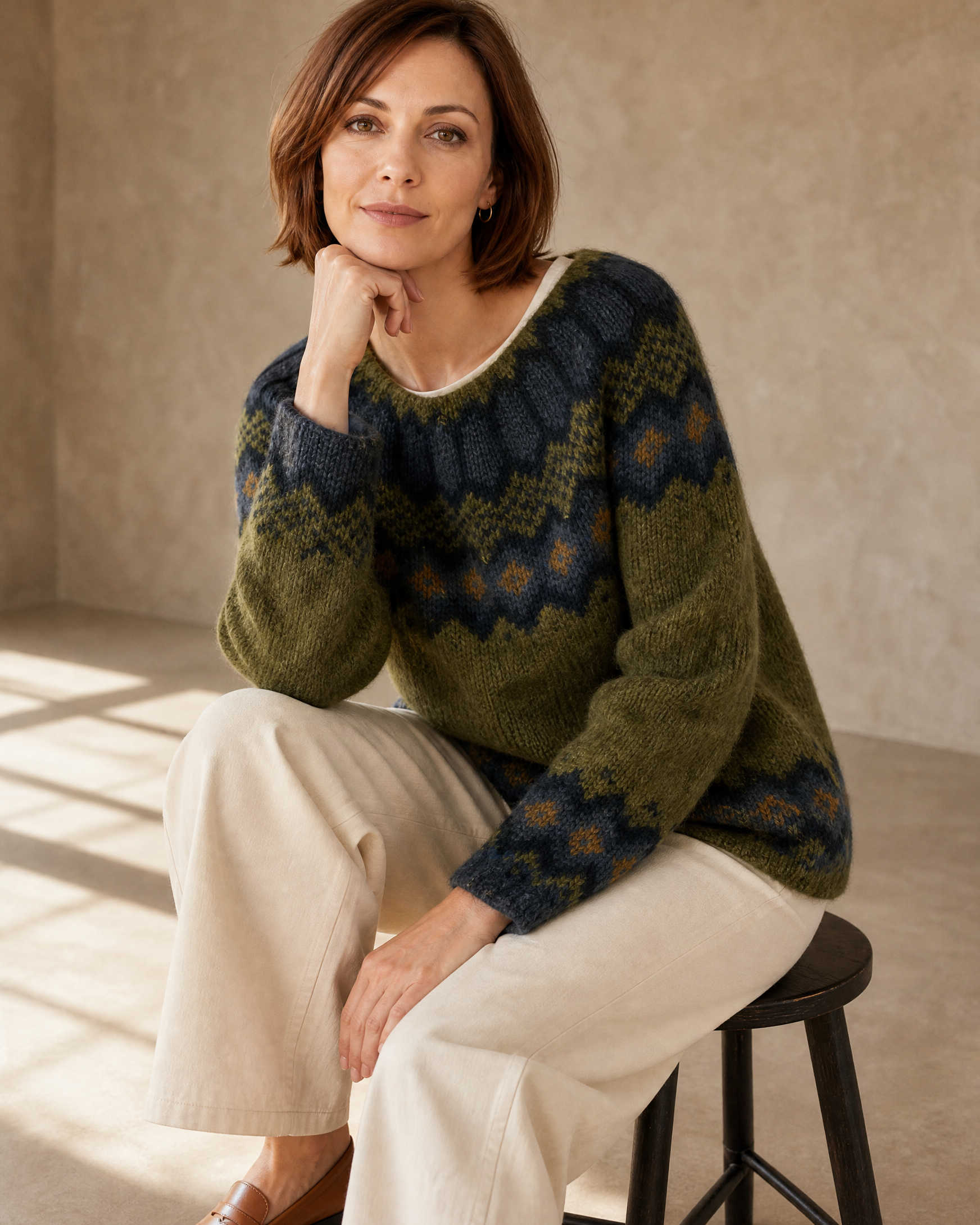 Women's Fashionable Pullover Sweater Top in Green, stool, elbow on knee, worn by model