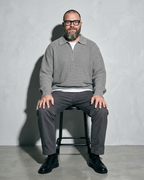 Men's Light Business Lapel Knit Sweater, stool, facing camera, worn by model