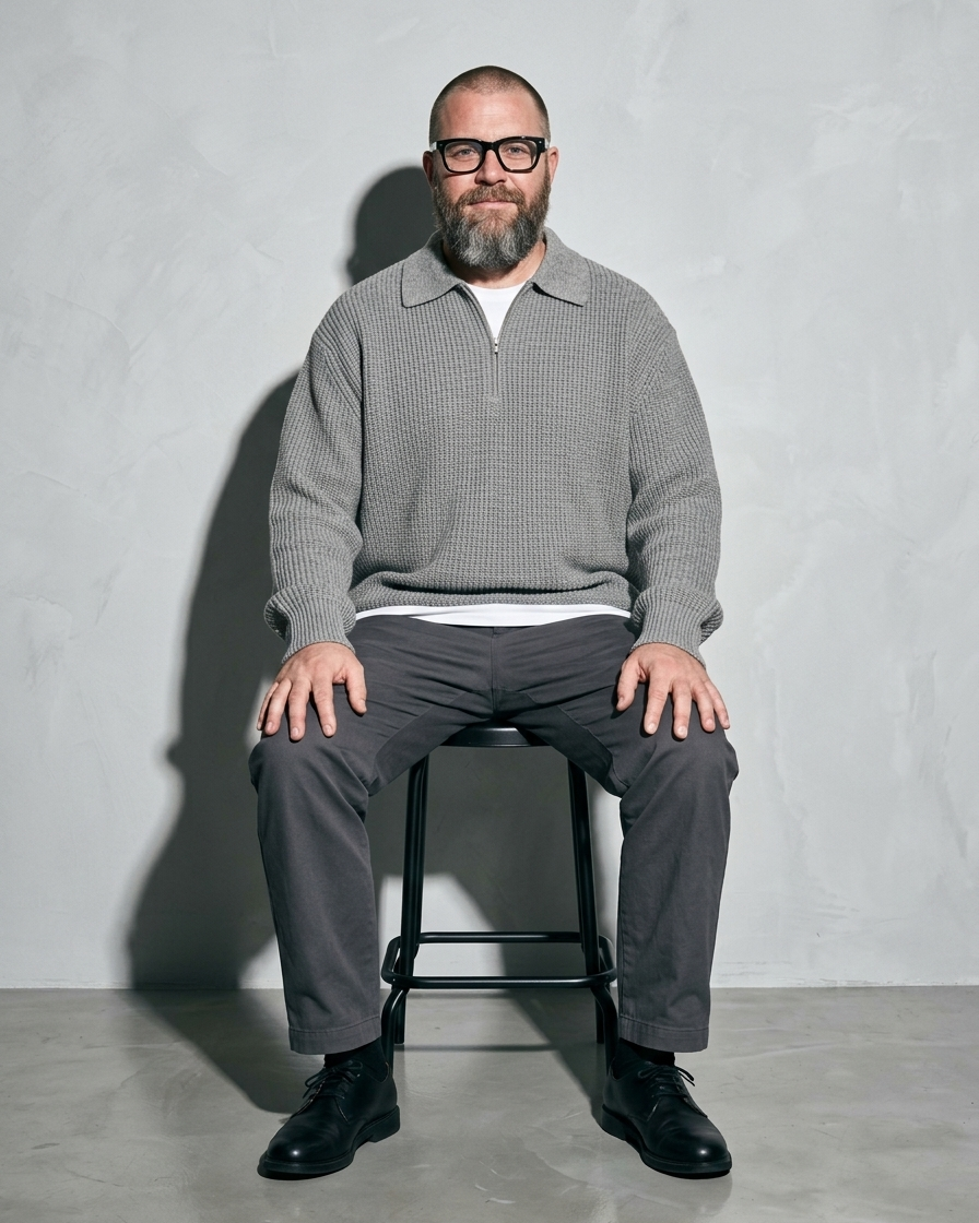 Men's Light Business Lapel Knit Sweater, stool, facing camera, worn by model