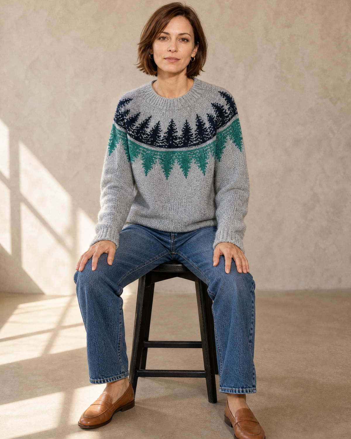 Women's Fashionable Pullover Sweater Top in Teal, stool, facing camera, worn by model