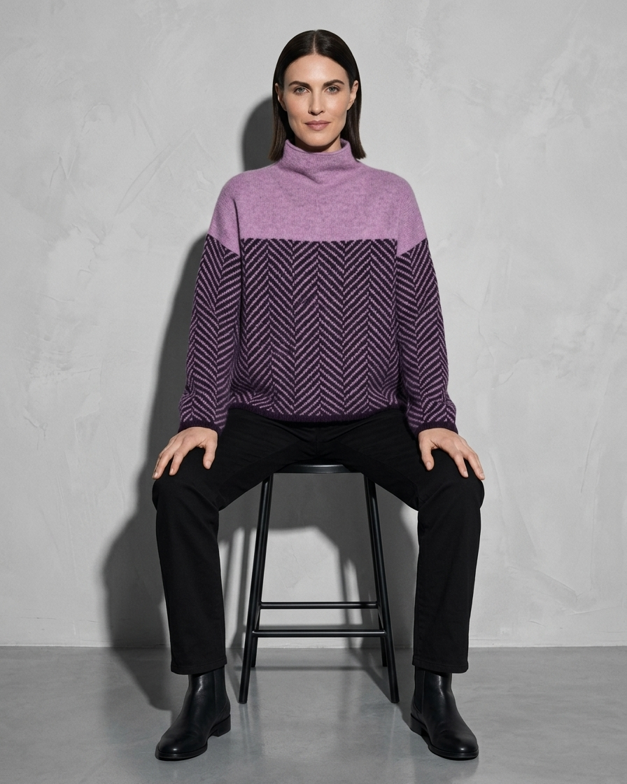 Women's Ribbed Turtleneck Knit Sweater, stool, facing camera, worn by model