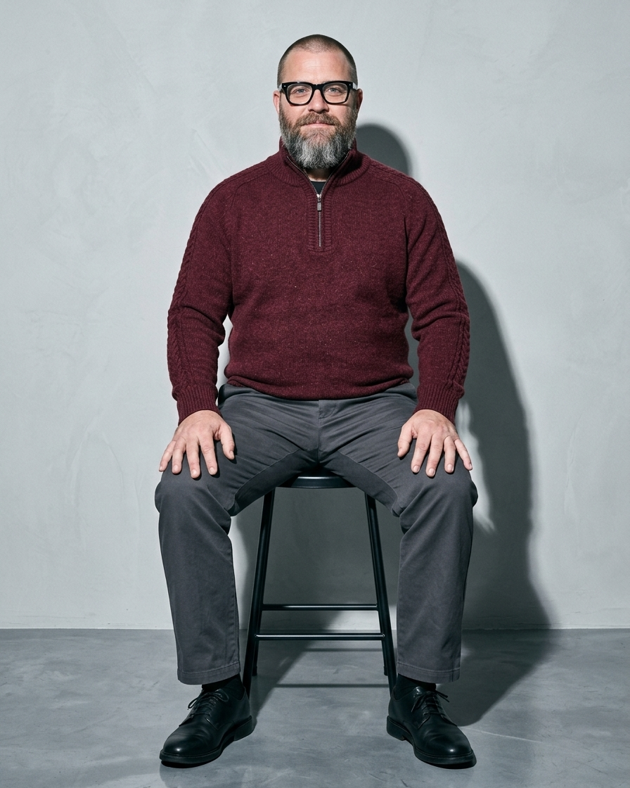 Zipper High Neck Thickened Woolen Sweater, stool, facing camera, worn by model