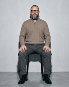 Men's Stand-Collar Cable-Knit Zip Sweater, stool, facing camera, worn by model