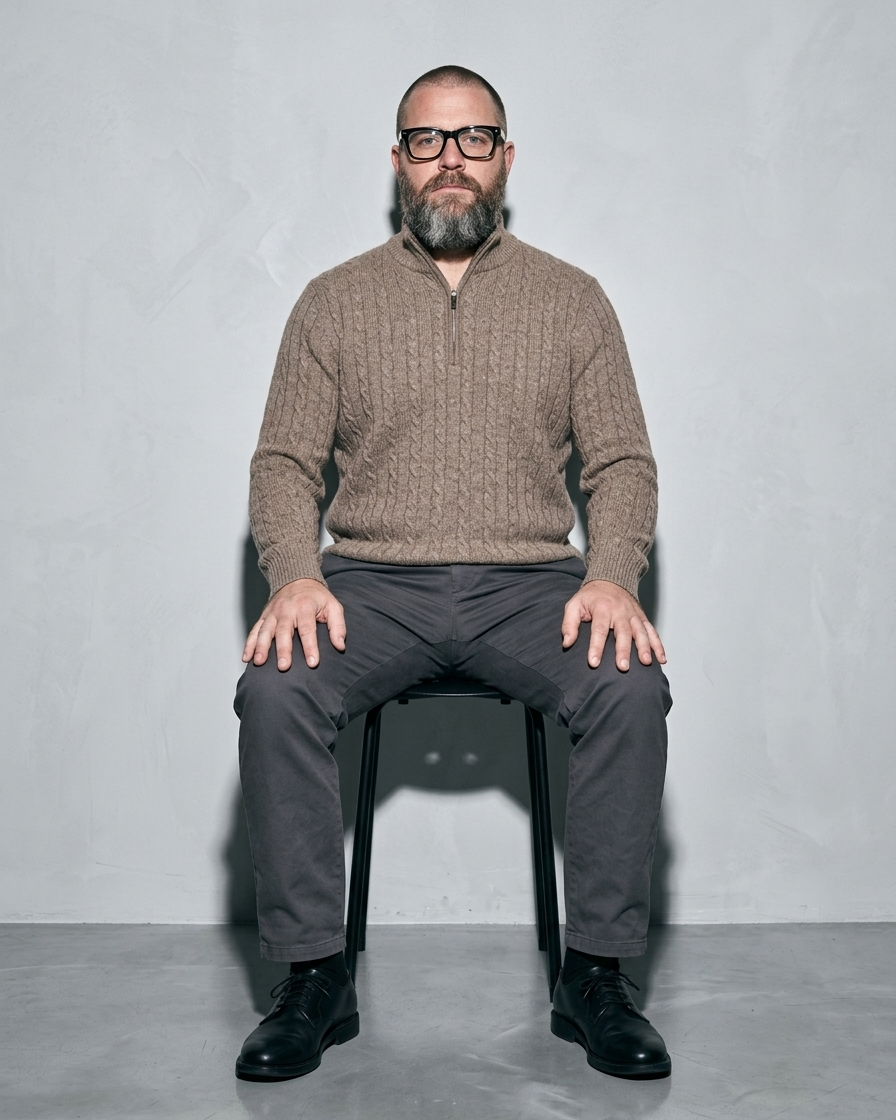 Men's Stand-Collar Cable-Knit Zip Sweater, stool, facing camera, worn by model