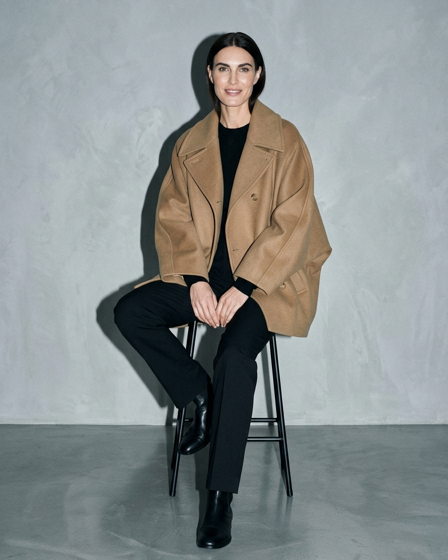 Women's Batwing-Sleeve Lapel Coat, stool, legs crossed, worn by model