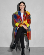 Women's Rainbow Plaid Button Coat with Pockets, stool, legs crossed, worn by model