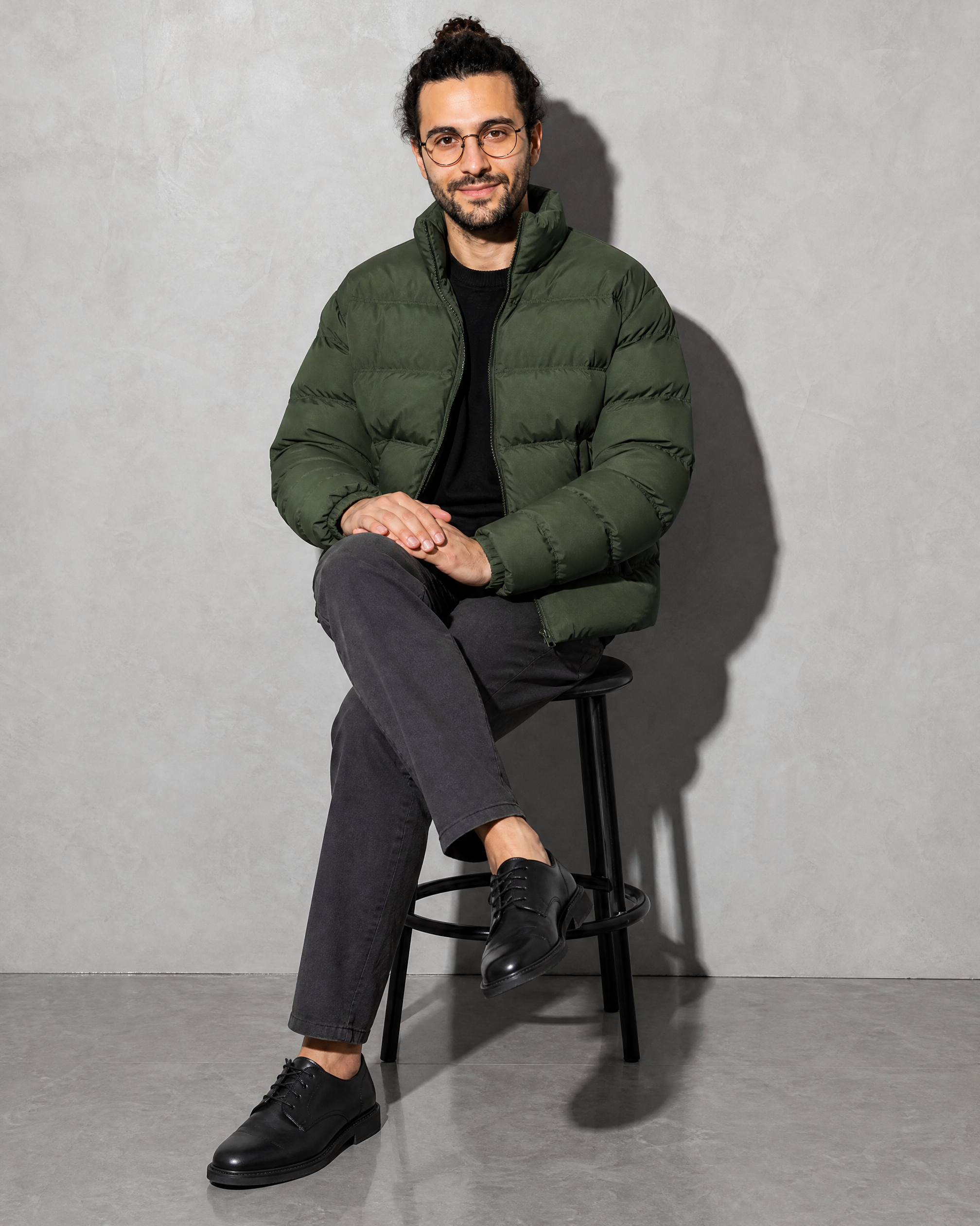 Solid Color Jacket For Men And Women, stool, legs crossed, worn by model