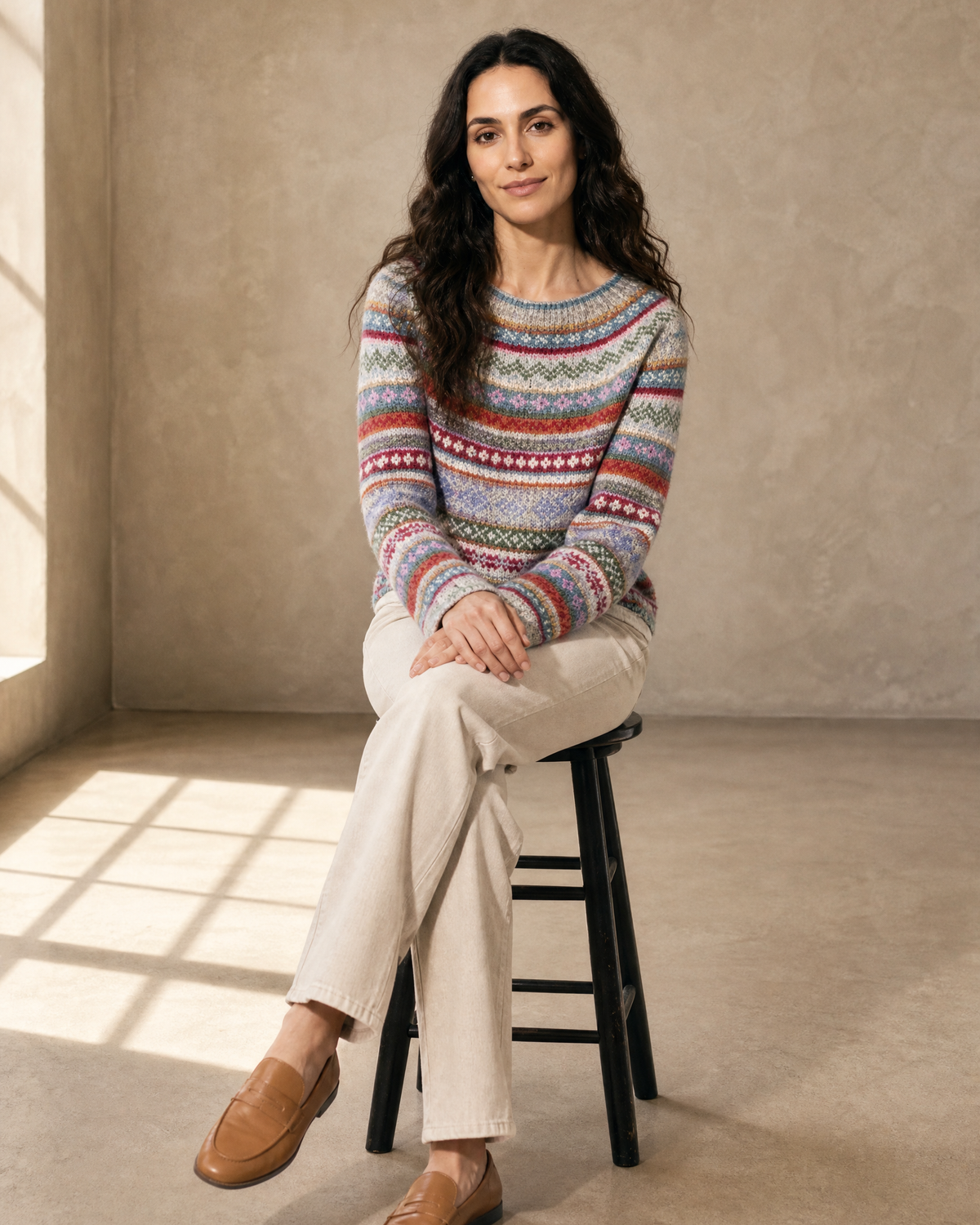 Women's Fashionable Pullover Sweater Top in Blue, stool, legs crossed, worn by model