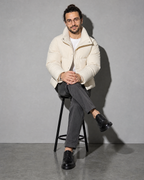 Coffee Color Cotton-padded Clothes Short Cotton Coat, stool, legs crossed, worn by model