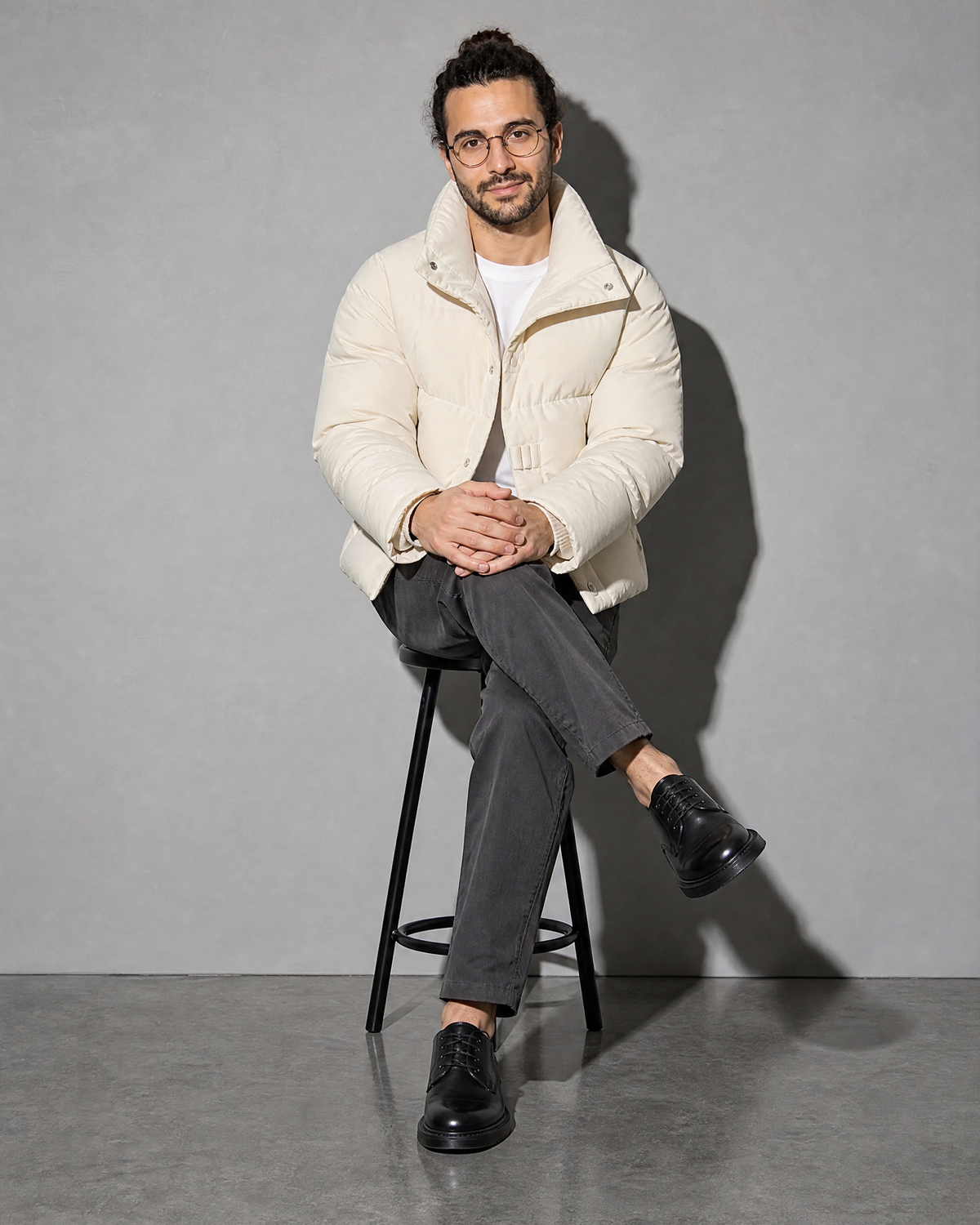 Coffee Color Cotton-padded Clothes Short Cotton Coat, stool, legs crossed, worn by model