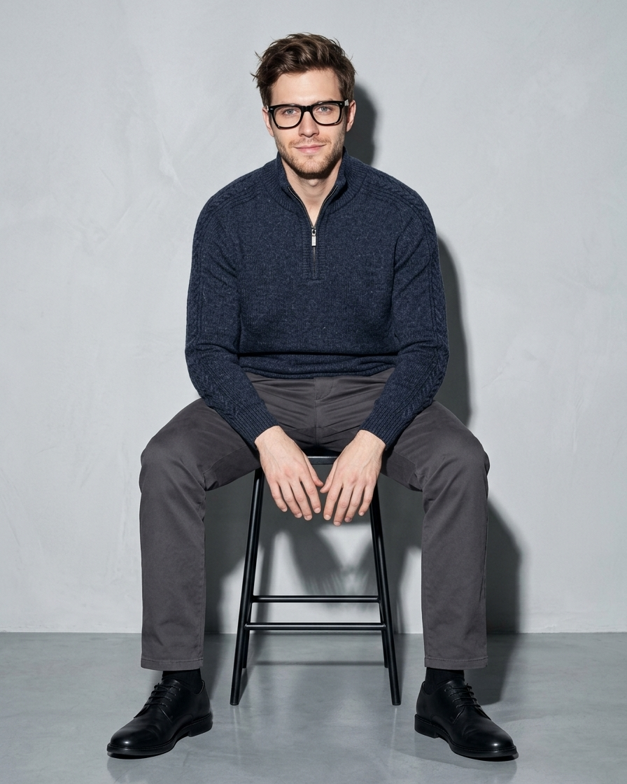 Zipper High Neck Thickened Woolen Sweater, perched on stool edge, worn by model