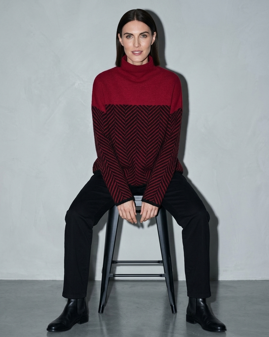 Women's Ribbed Turtleneck Knit Sweater, perched on stool edge, worn by model